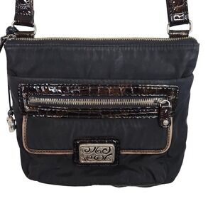 BRIGHTON Crossbody Bag Womens Black Nylon Patent Croc Trim Heart Charm Key Leash